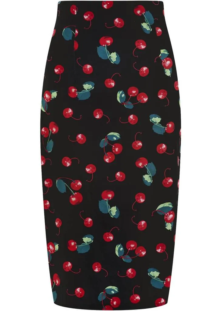 50's Cherry Black Red Pencil Skirt