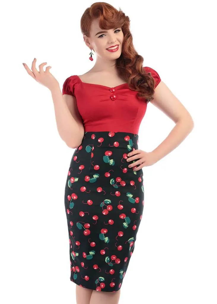 50's Cherry Black Red Pencil Skirt