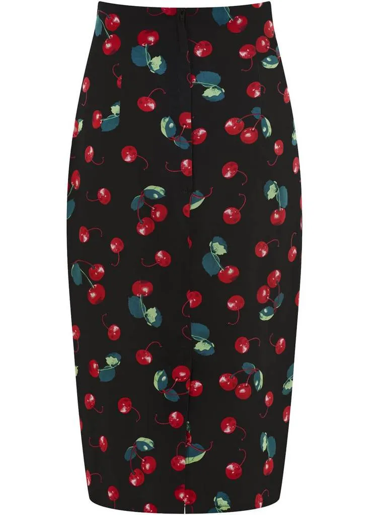 50's Cherry Black Red Pencil Skirt