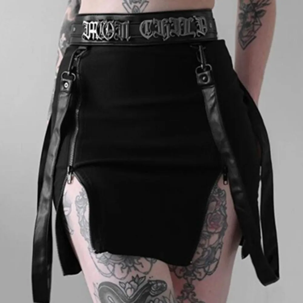 90s Vintage Black Punk Aesthetic High-Waisted Skirt