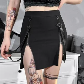 90s Vintage Black Punk Aesthetic High-Waisted Skirt