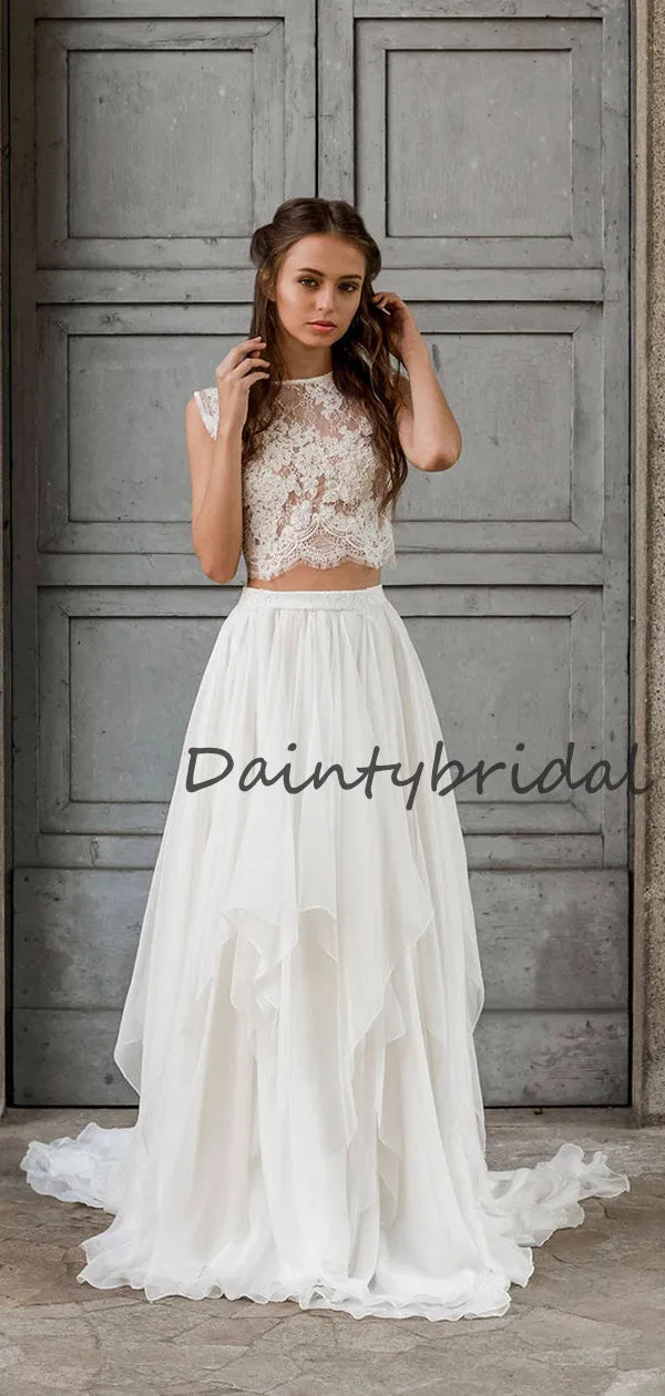 Budget-Friendly Scoop Neck Two-piece Simple Chiffon Lace Long Bridal Gowns