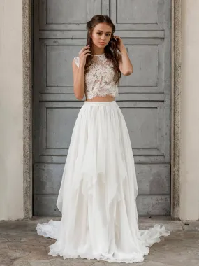 Budget-Friendly Scoop Neck Two-piece Simple Chiffon Lace Long Bridal Gowns