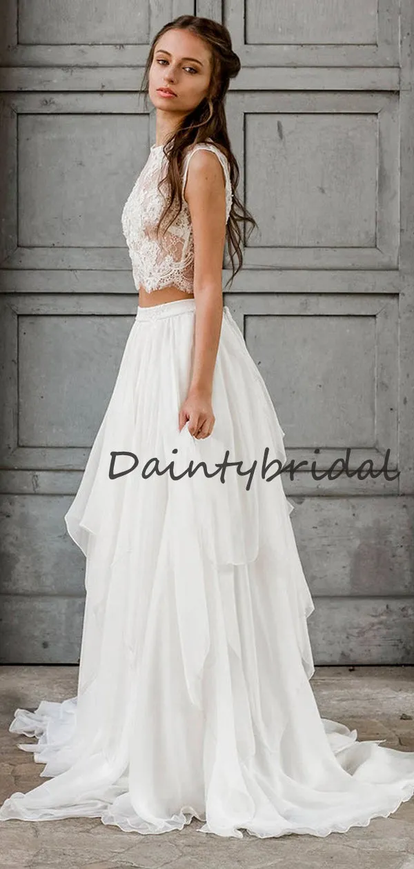 Budget-Friendly Scoop Neck Two-piece Simple Chiffon Lace Long Bridal Gowns