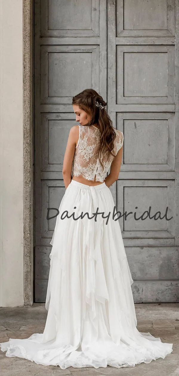 Budget-Friendly Scoop Neck Two-piece Simple Chiffon Lace Long Bridal Gowns