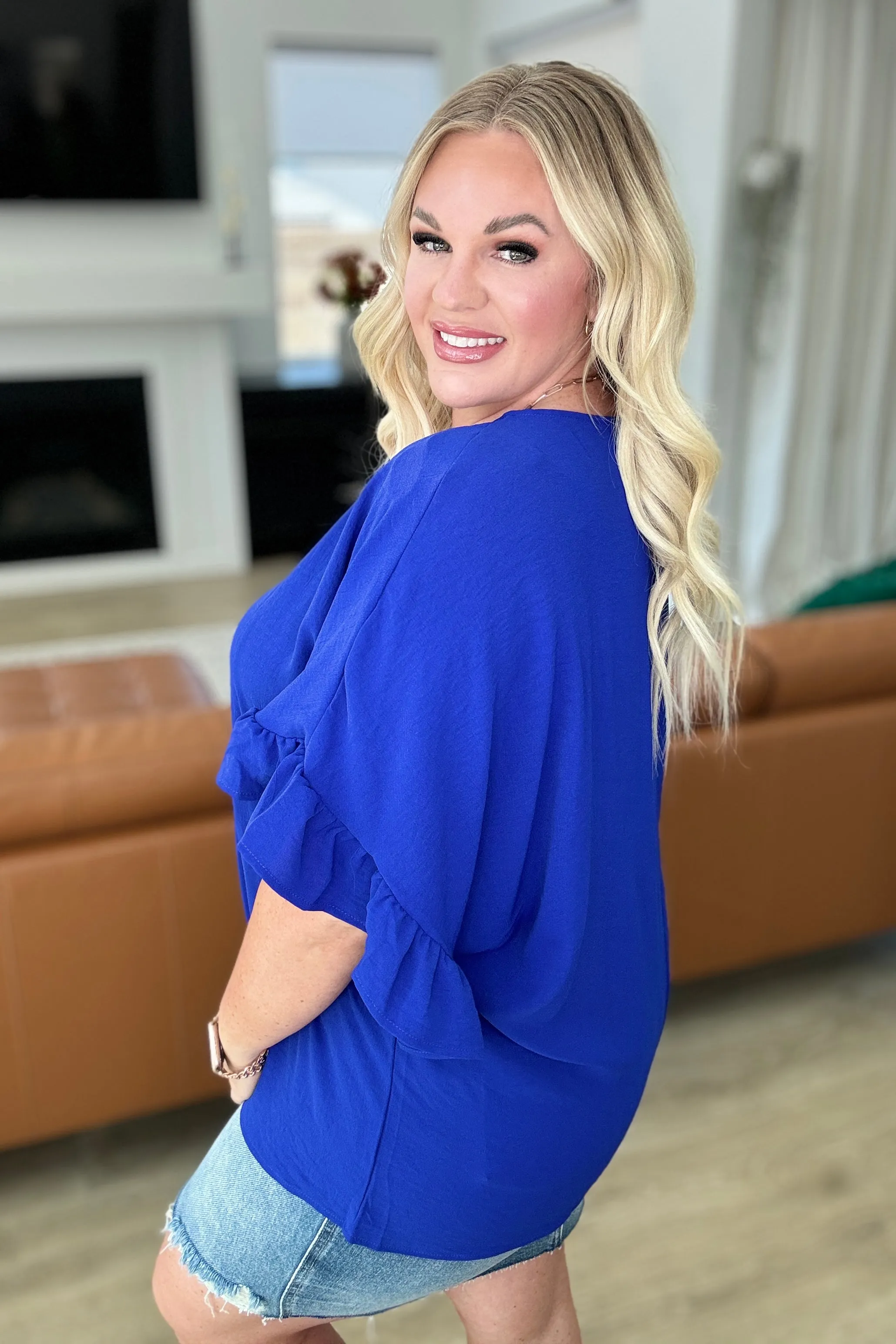 Royal Blue Airflow Peplum Top with Ruffle Sleeves