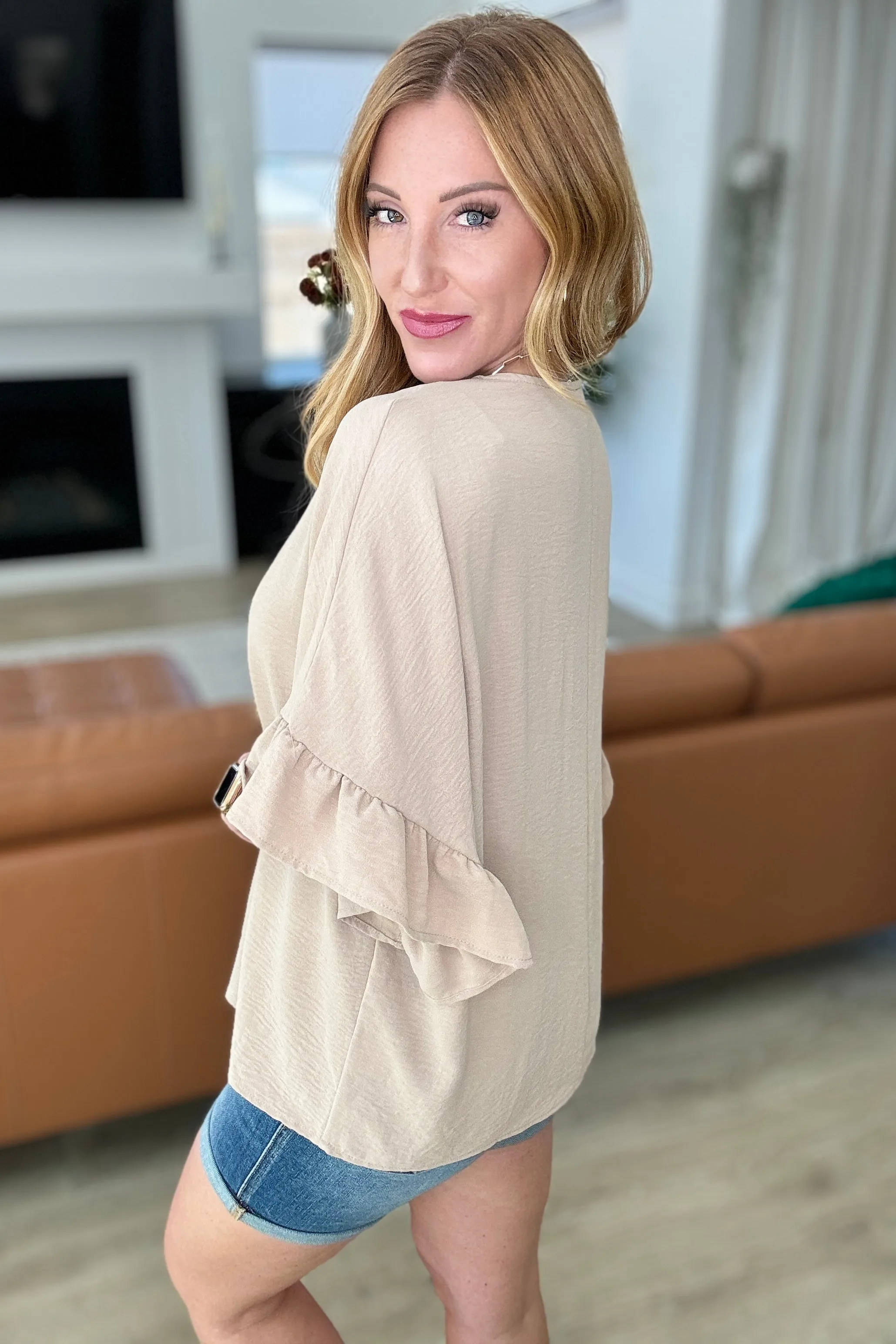 Taupe Airflow Peplum Top with Ruffle Sleeves