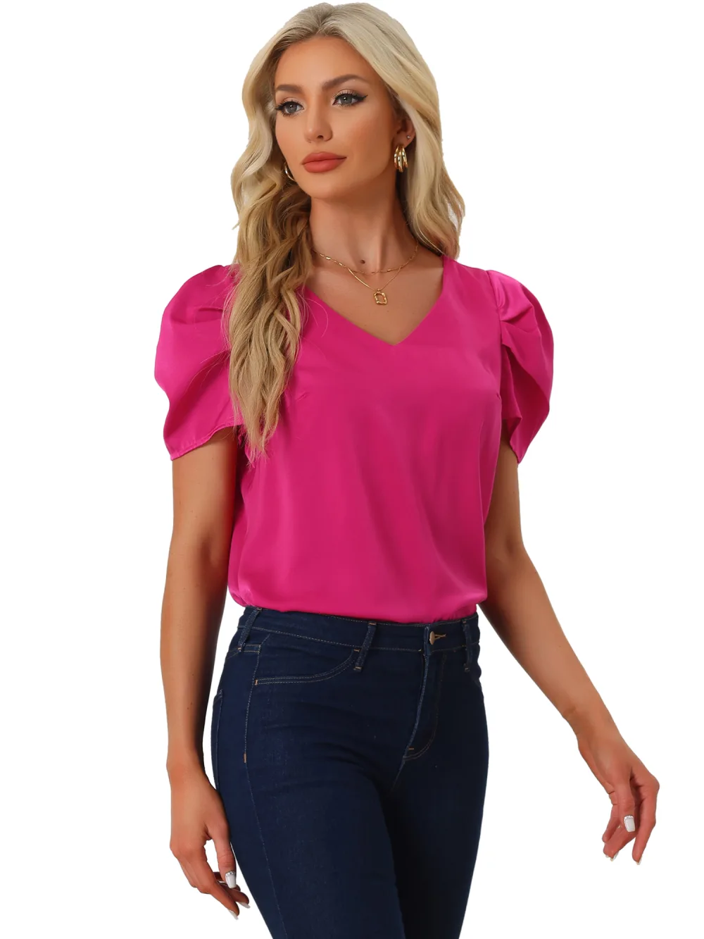 Allegra K Satin V Neck Puff Sleeve Tops