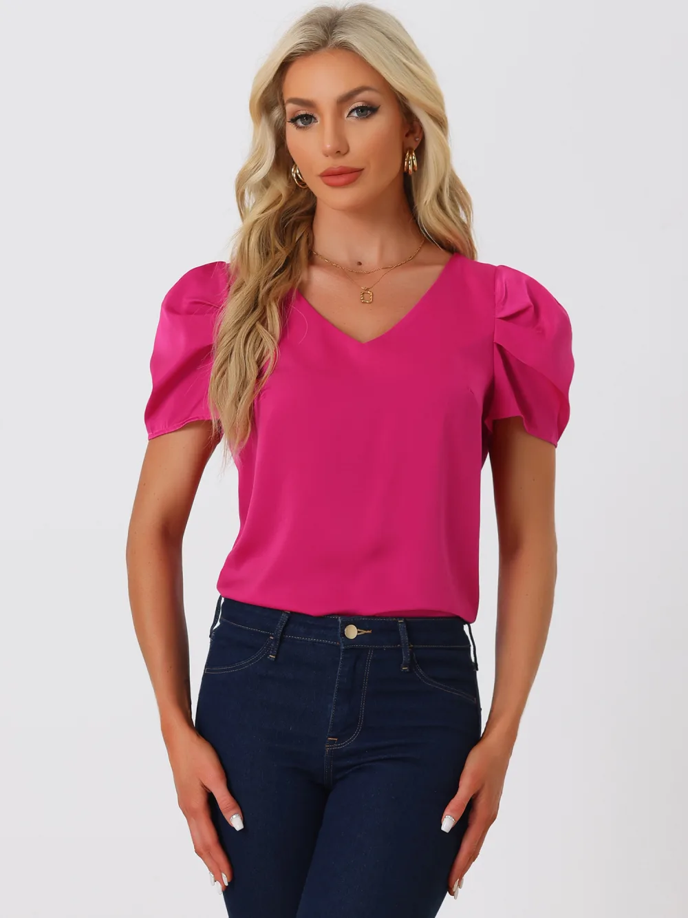 Allegra K Satin V Neck Puff Sleeve Tops