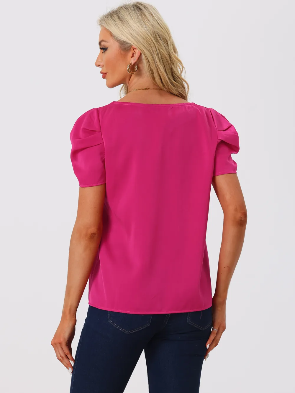 Allegra K Satin V Neck Puff Sleeve Tops