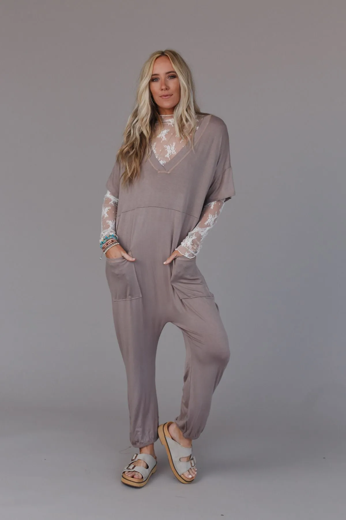 Ideal Short Sleeve Harem Jumpsuit - Ash Khaki