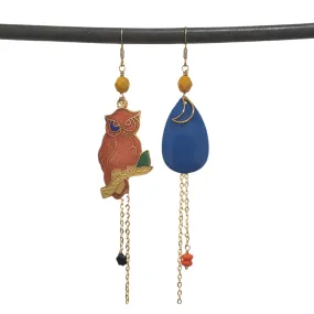 Asymmetric Night Owl Cloisonne Earrings