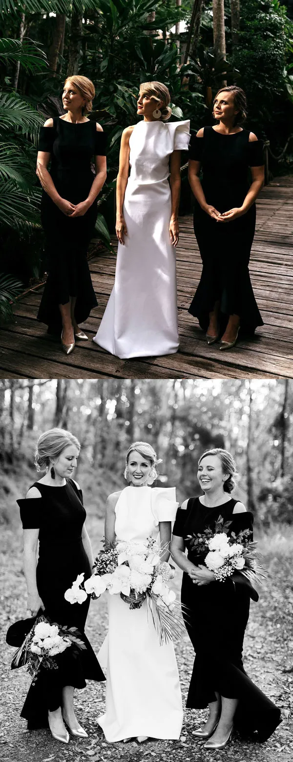 Sleek Black Jersey Mermaid Bridesmaid Gown with Short Sleeves