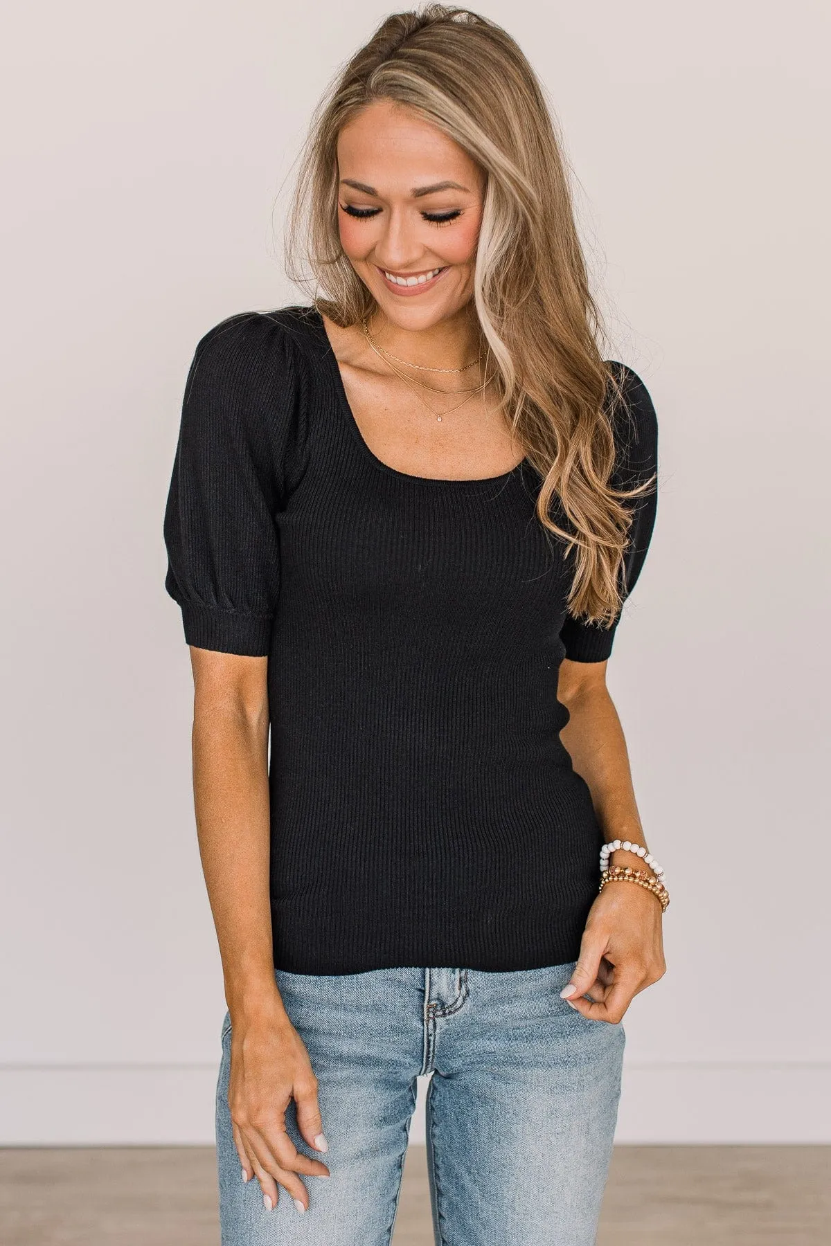 Black Get In Line Puff Sleeve Top