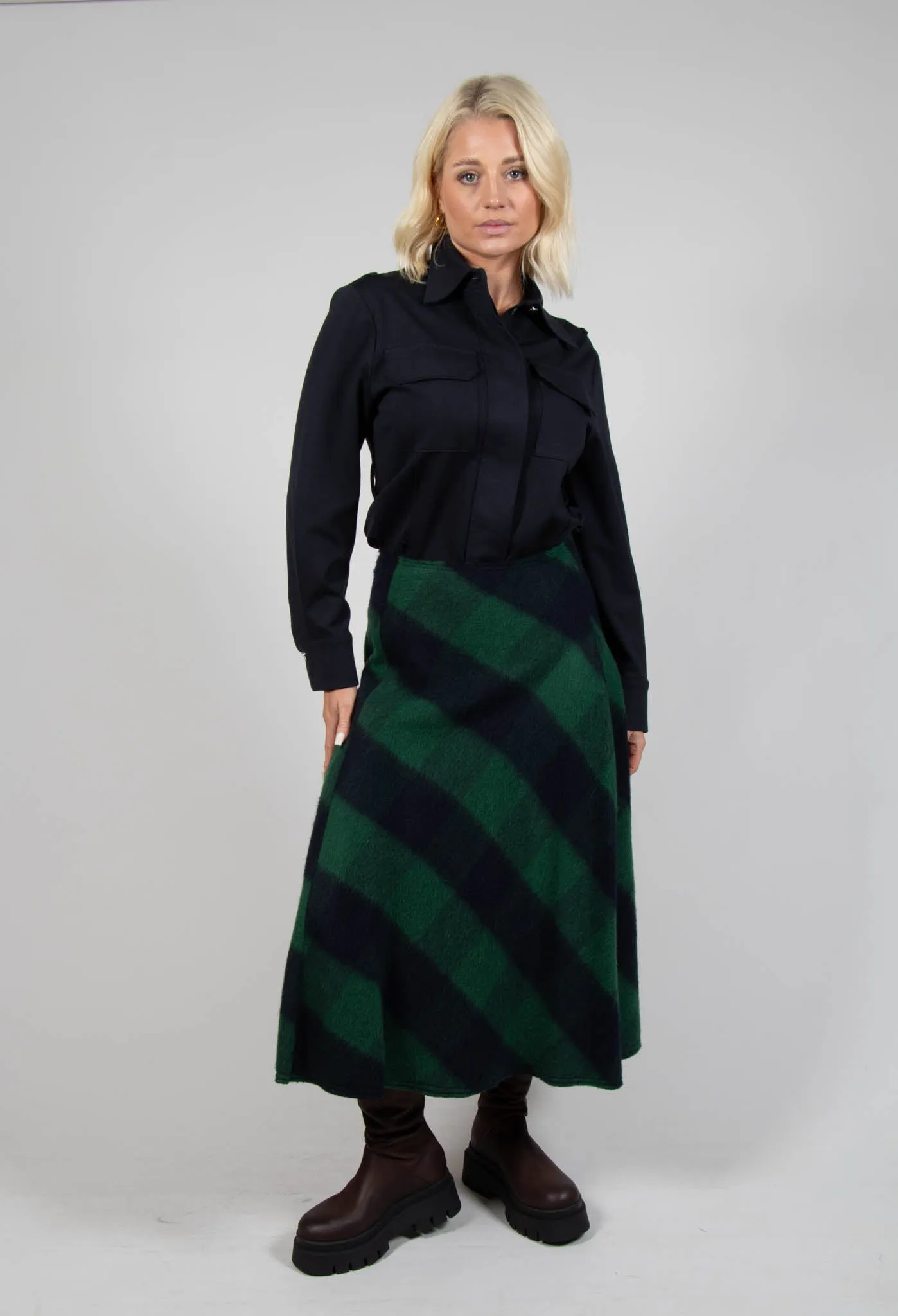 Wool Check Skirt in Blue and Green