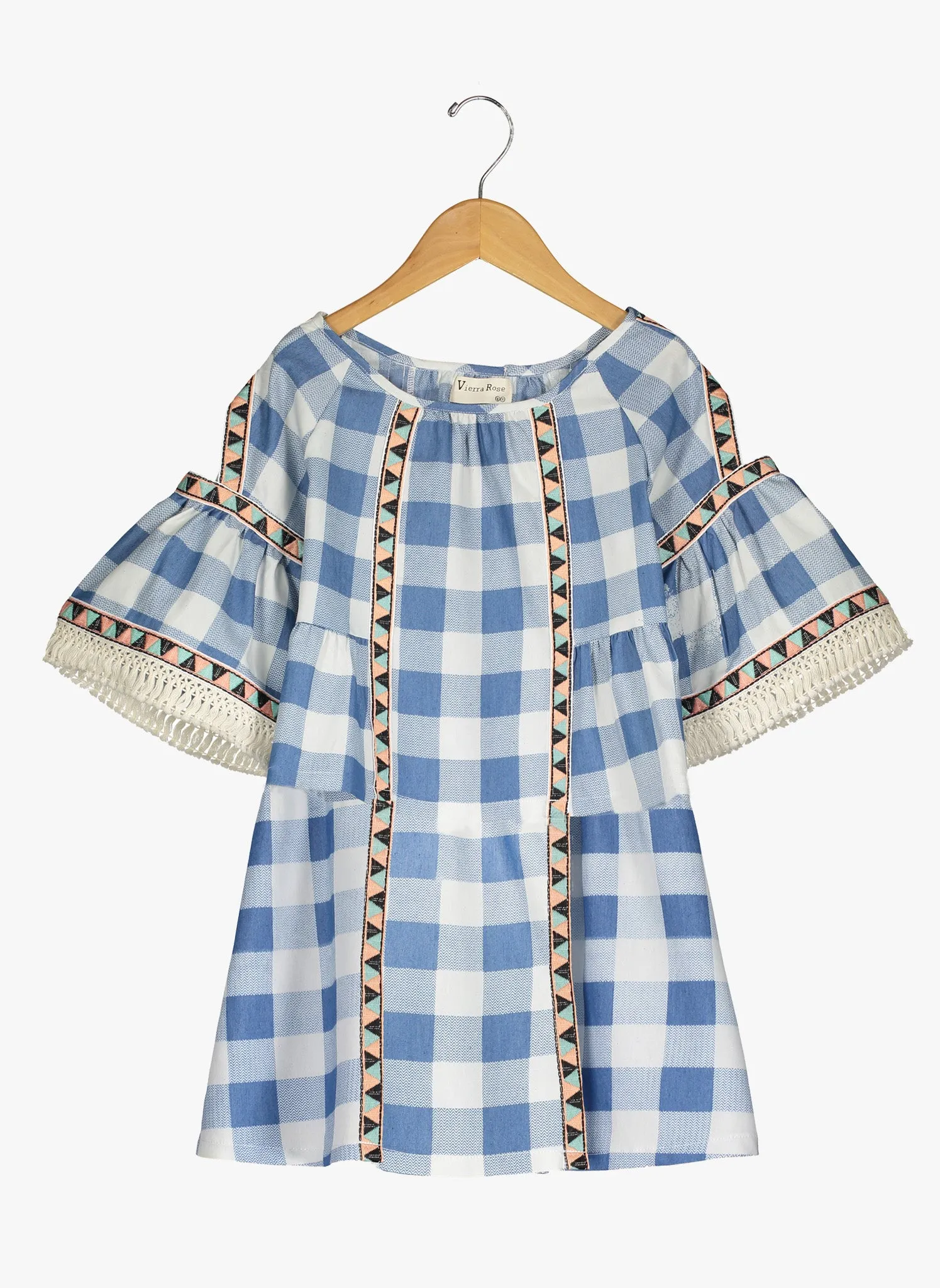 Cold Shoulder Dress in Blue Check with Rose Trim by Vierra