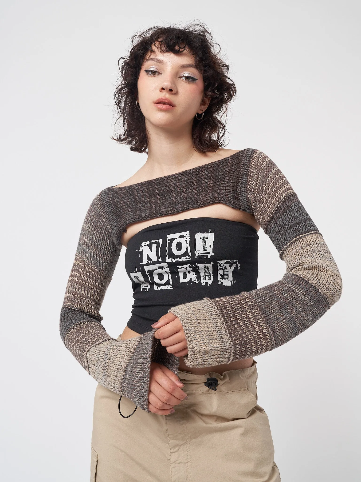 Brown Patchwork Knitted Shrug by Fusion