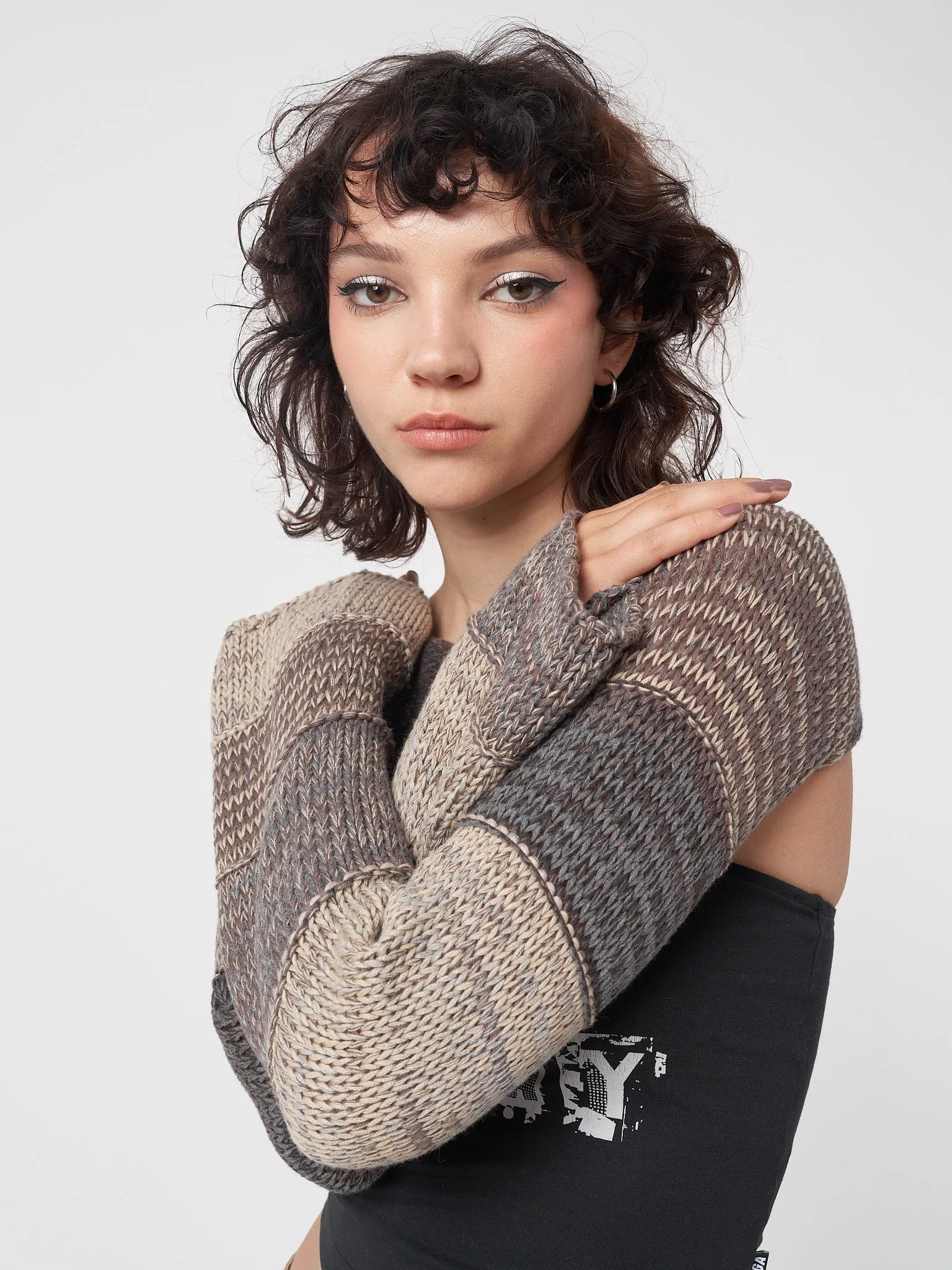 Brown Patchwork Knitted Shrug by Fusion