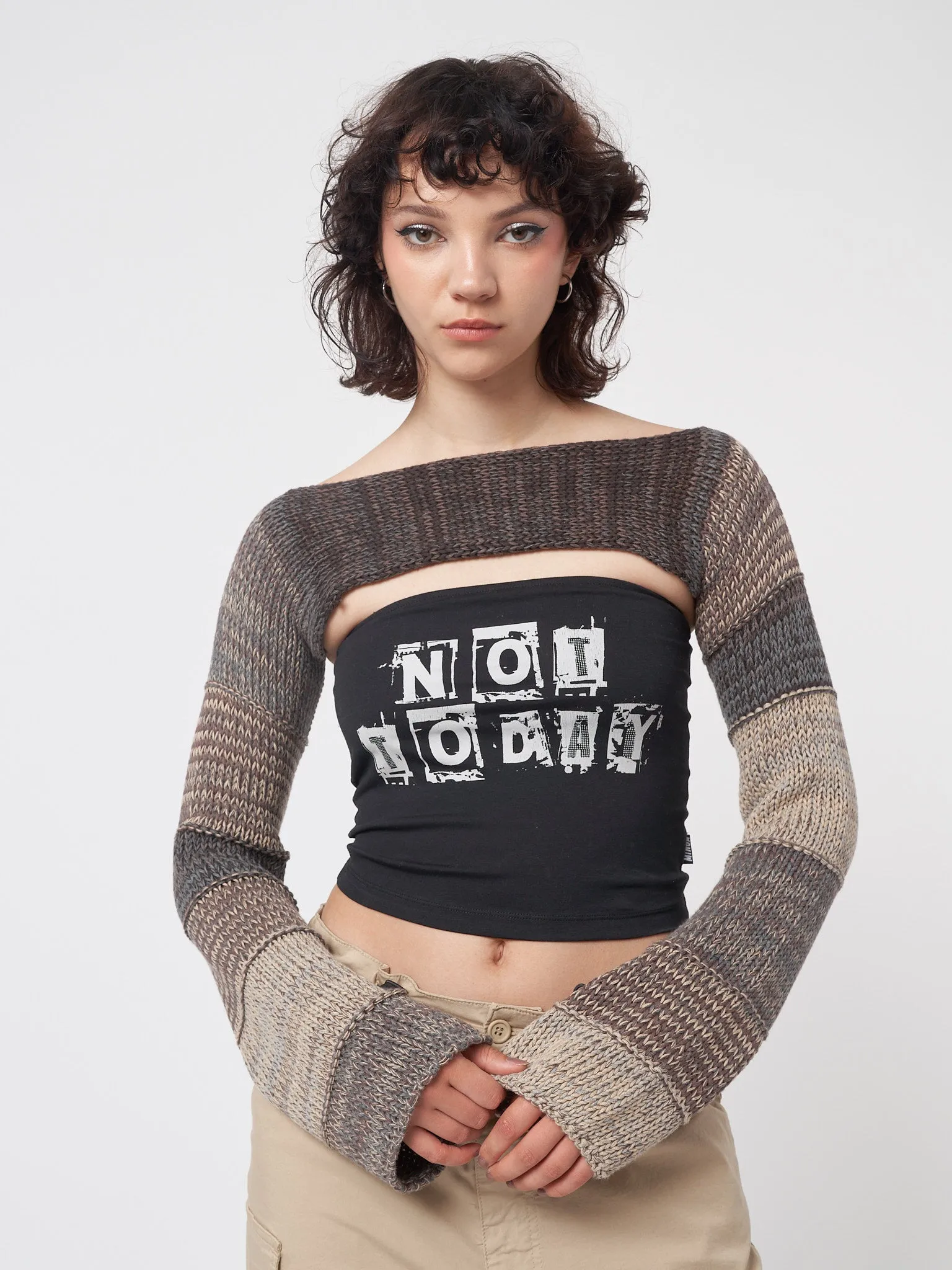 Brown Patchwork Knitted Shrug by Fusion