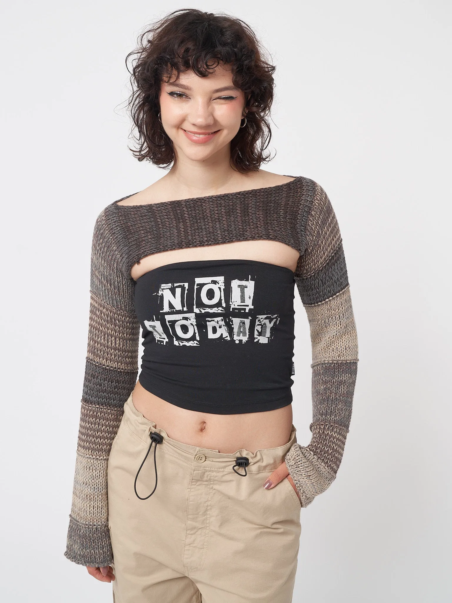 Brown Patchwork Knitted Shrug by Fusion