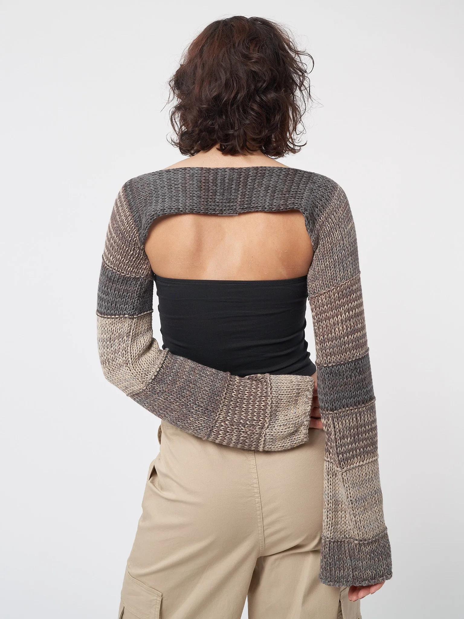 Brown Patchwork Knitted Shrug by Fusion