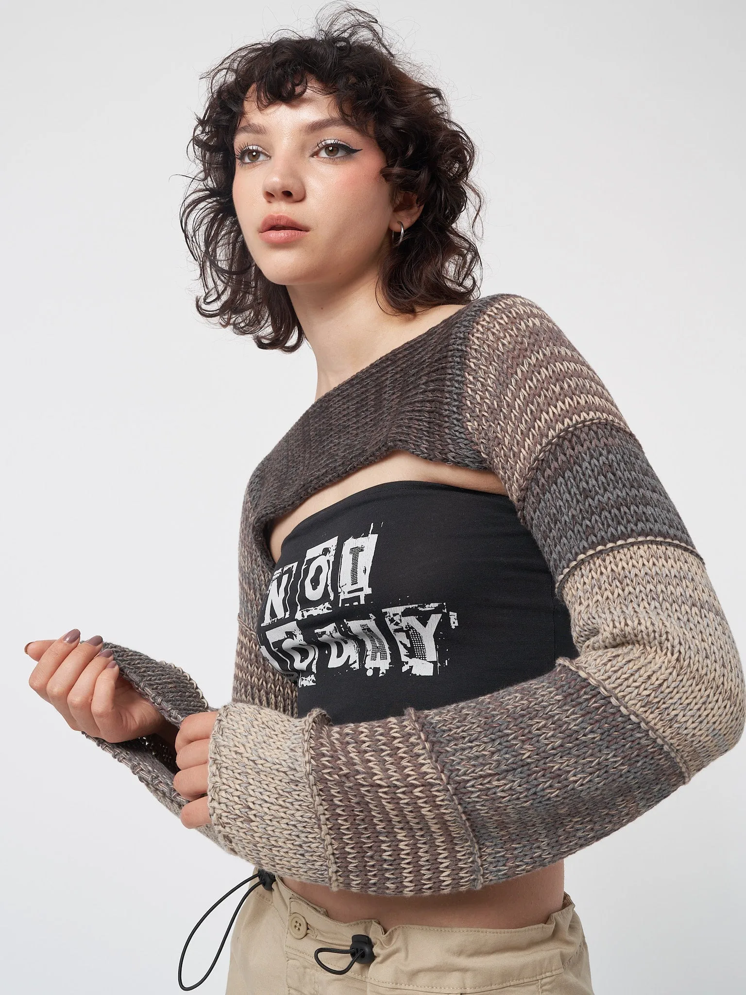 Brown Patchwork Knitted Shrug by Fusion