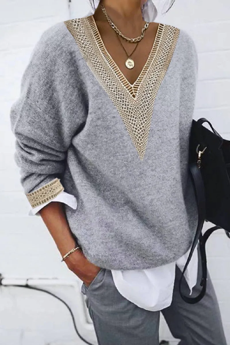 Casual Solid Patchwork V-Neck Tops