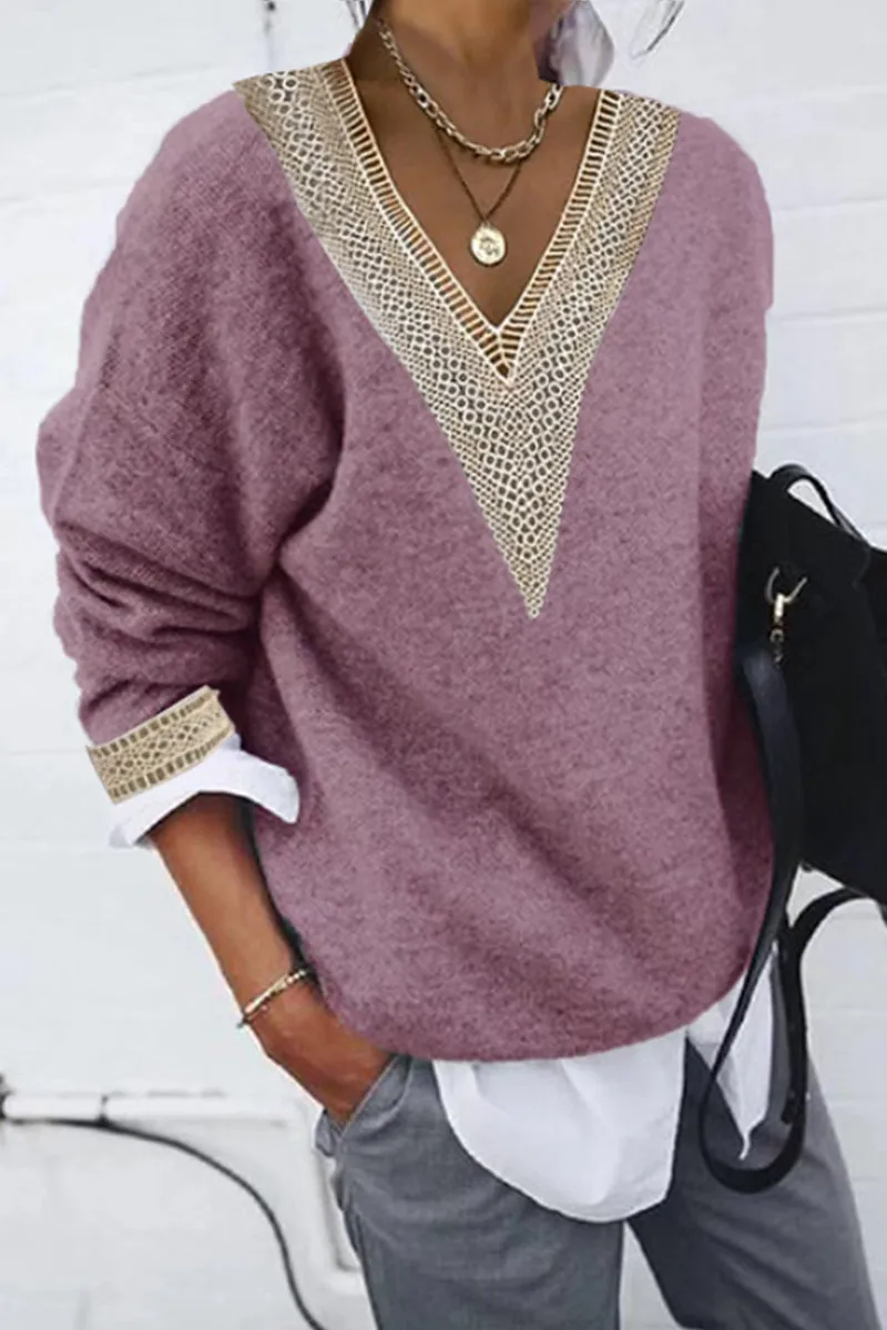 Casual Solid Patchwork V-Neck Tops