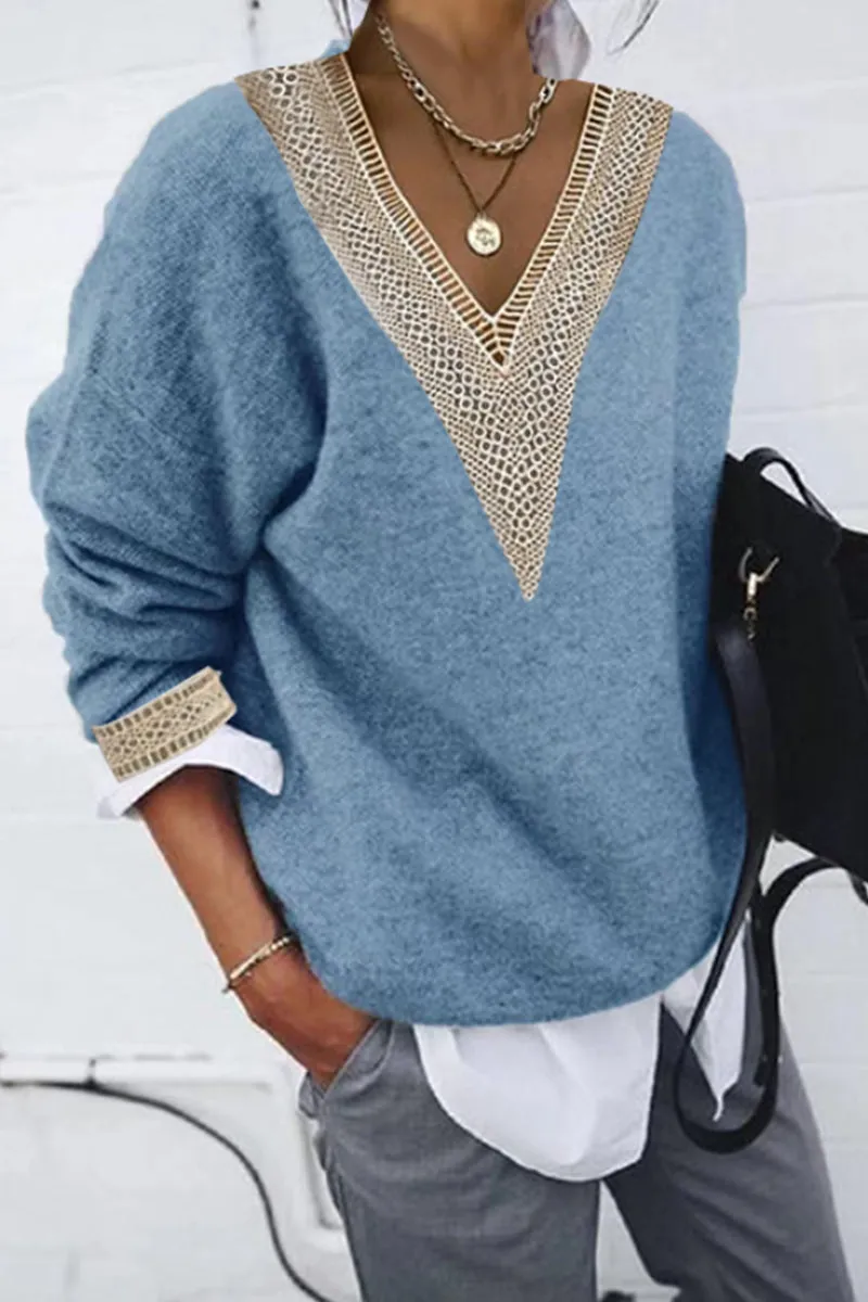 Casual Solid Patchwork V-Neck Tops