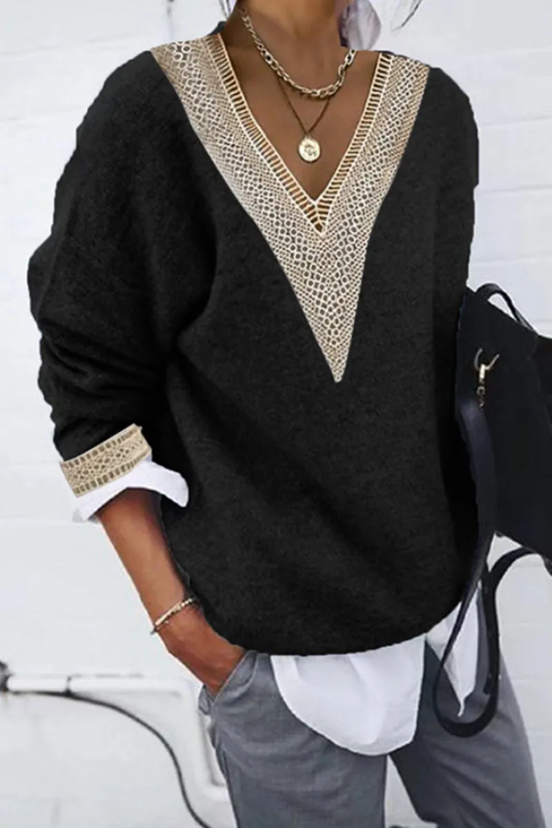 Casual Solid Patchwork V-Neck Tops