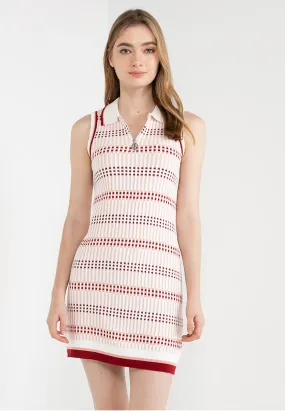 Trendy Front Neck Zip Checkered Knit Midi Dress