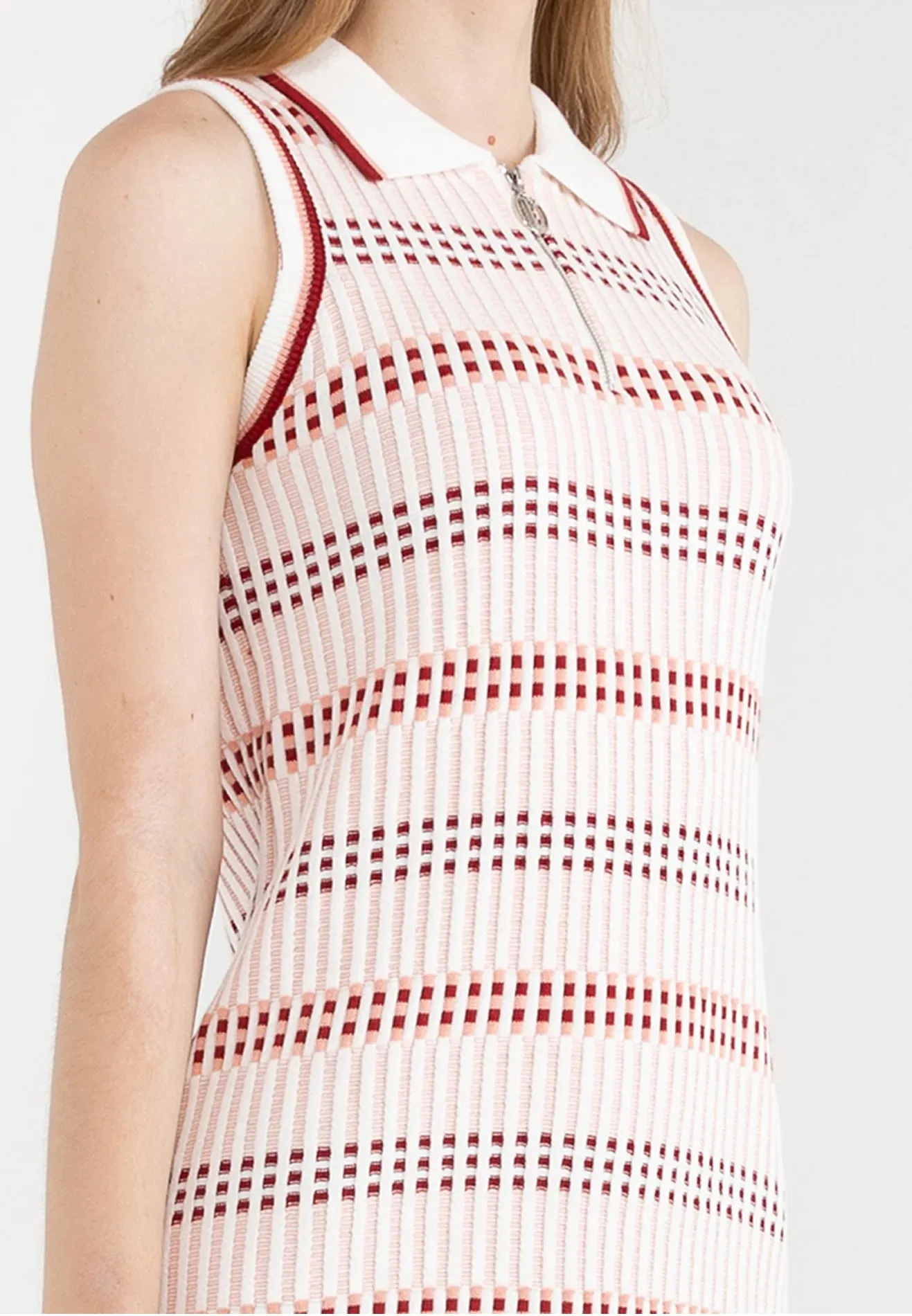 Trendy Front Neck Zip Checkered Knit Midi Dress