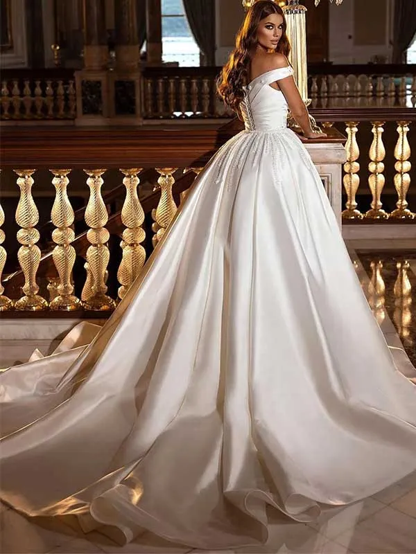 Off Shoulder Satin A-line Wedding Gown with Pleating, WD0487