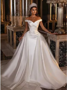 Off Shoulder Satin A-line Wedding Gown with Pleating, WD0487