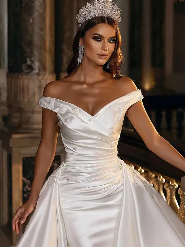 Off Shoulder Satin A-line Wedding Gown with Pleating, WD0487