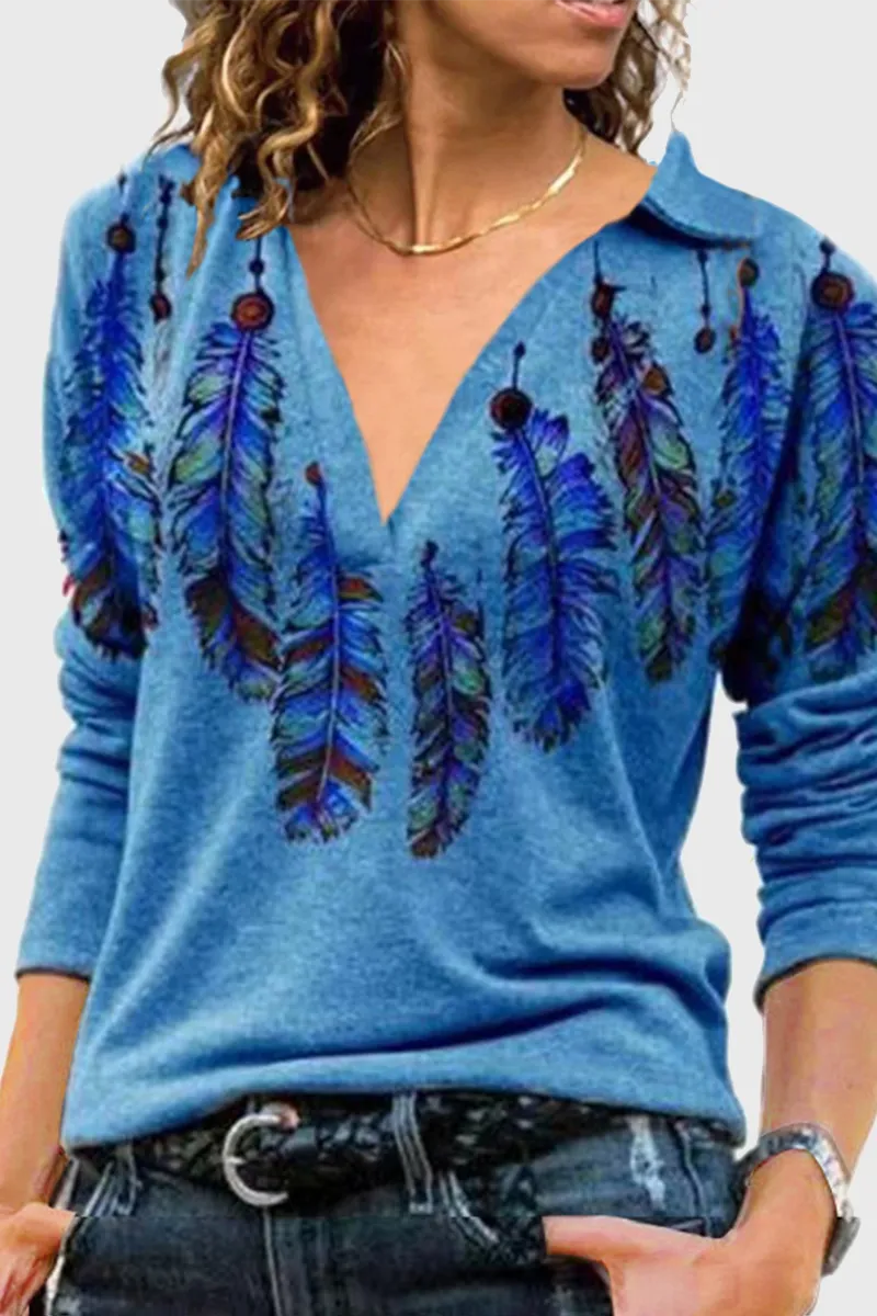 Chic Vintage Print V Neck Blouses