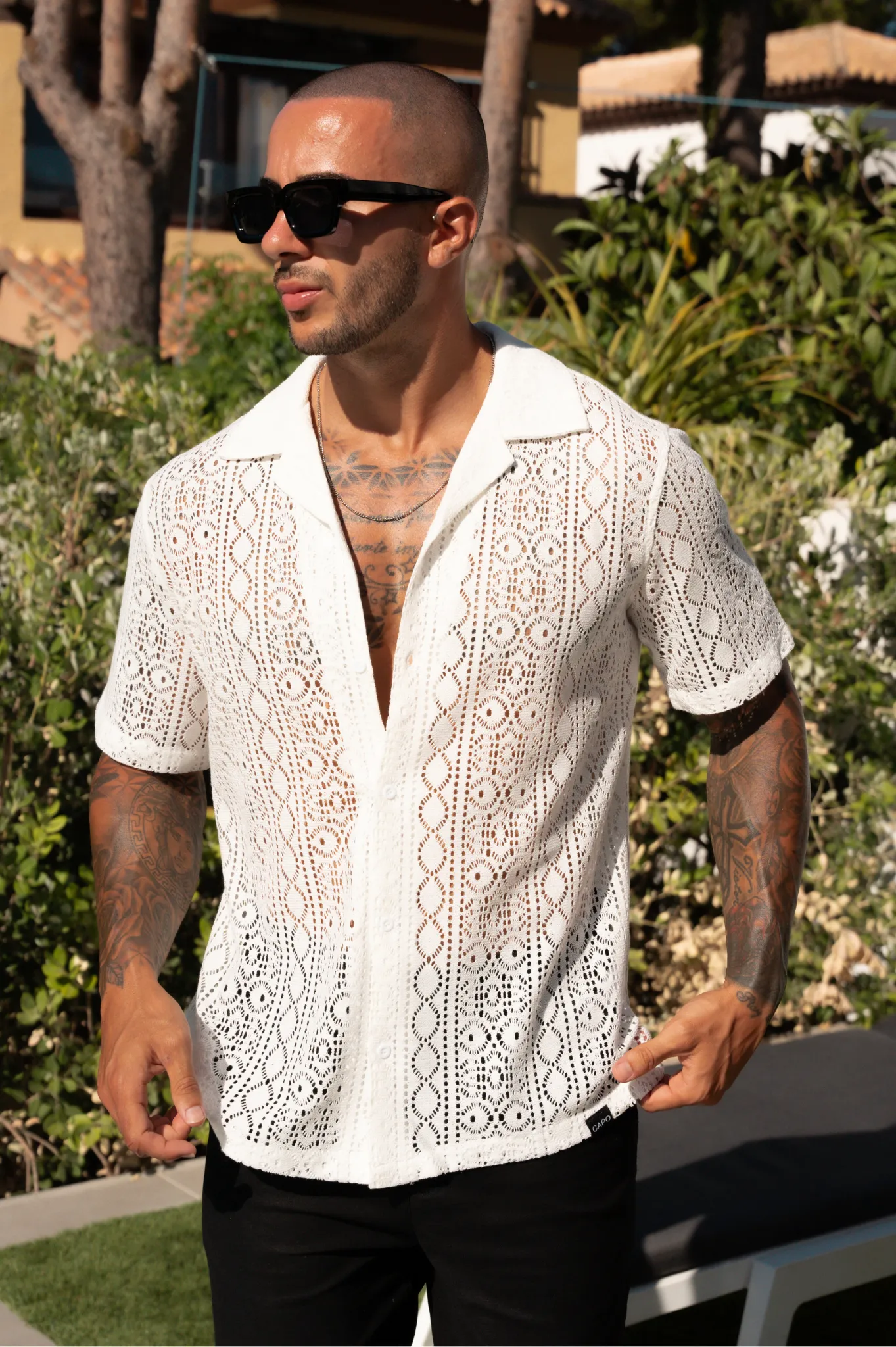 Cream KNITTED PATTERN SS Revere Shirt by Capo