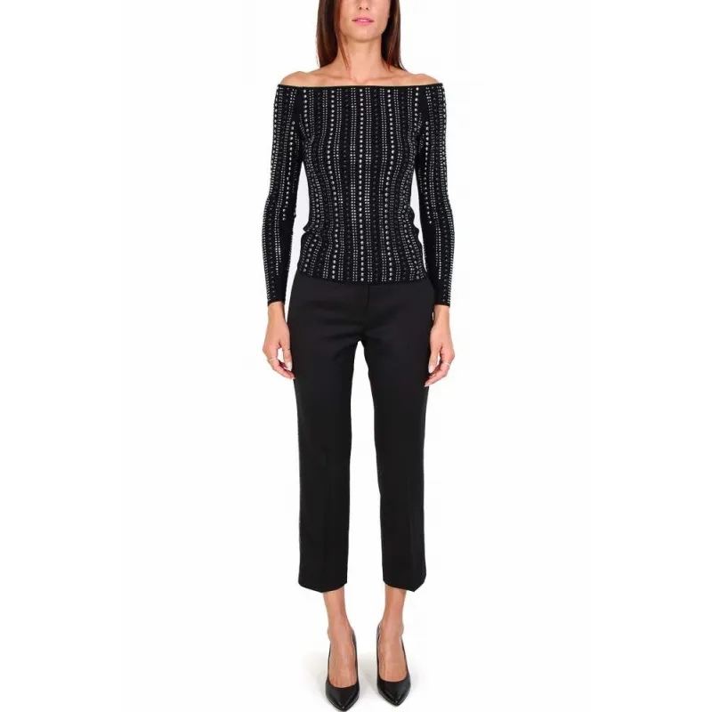 Cropped Wool Blend Cigarette Pants, Nero