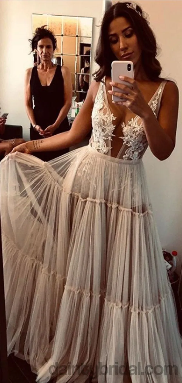 Deep V-Neck Tulle See-through Wedding Gown