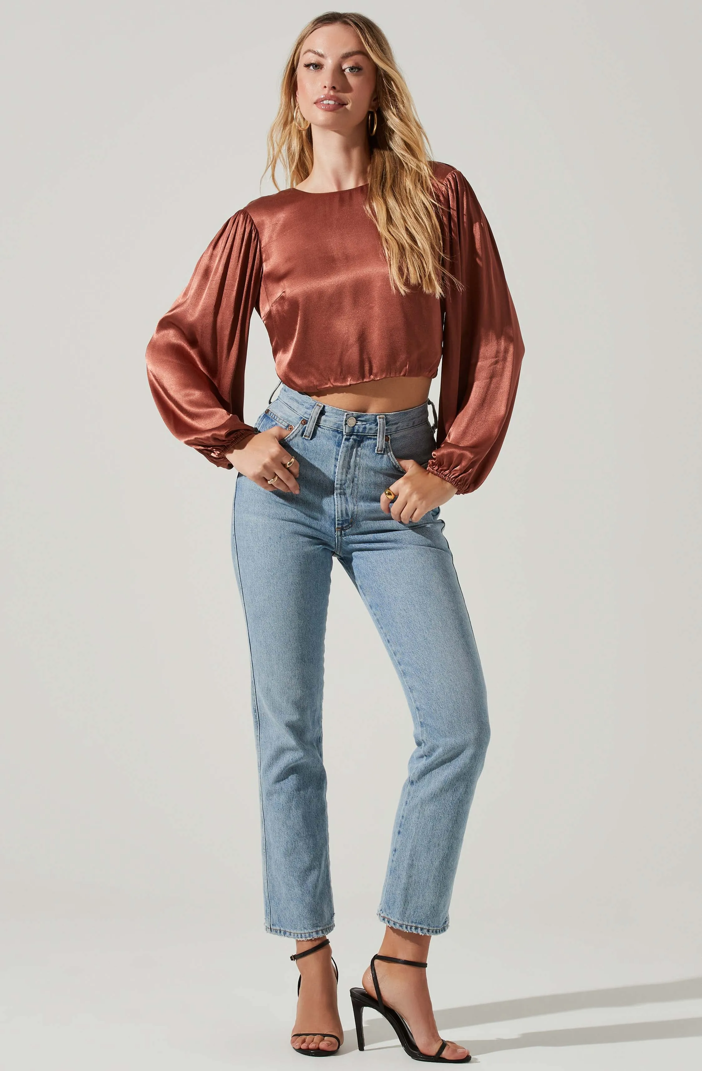 Open Back Satin Long Sleeve Crop Top