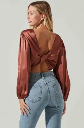 Open Back Satin Long Sleeve Crop Top