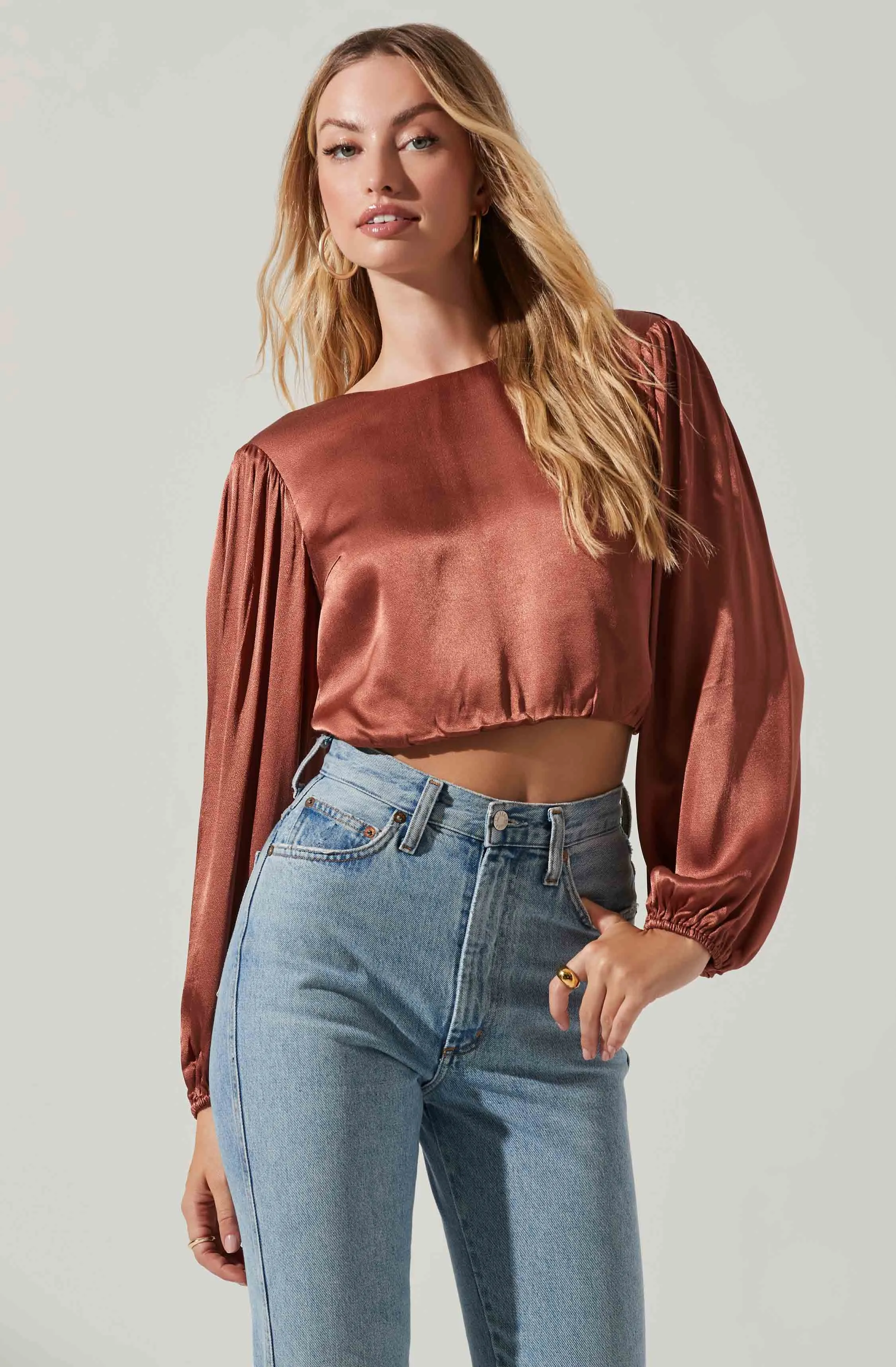 Open Back Satin Long Sleeve Crop Top