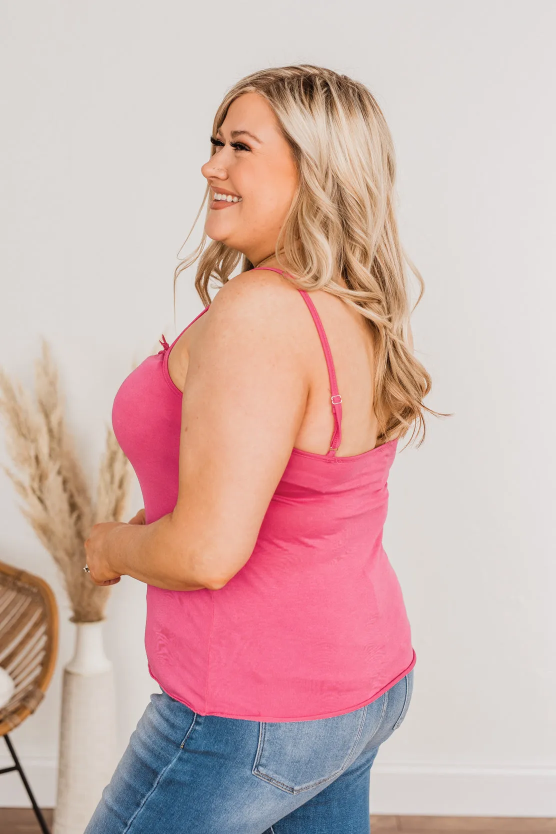 Hot Pink Lace Trimmed Henley Tank Top