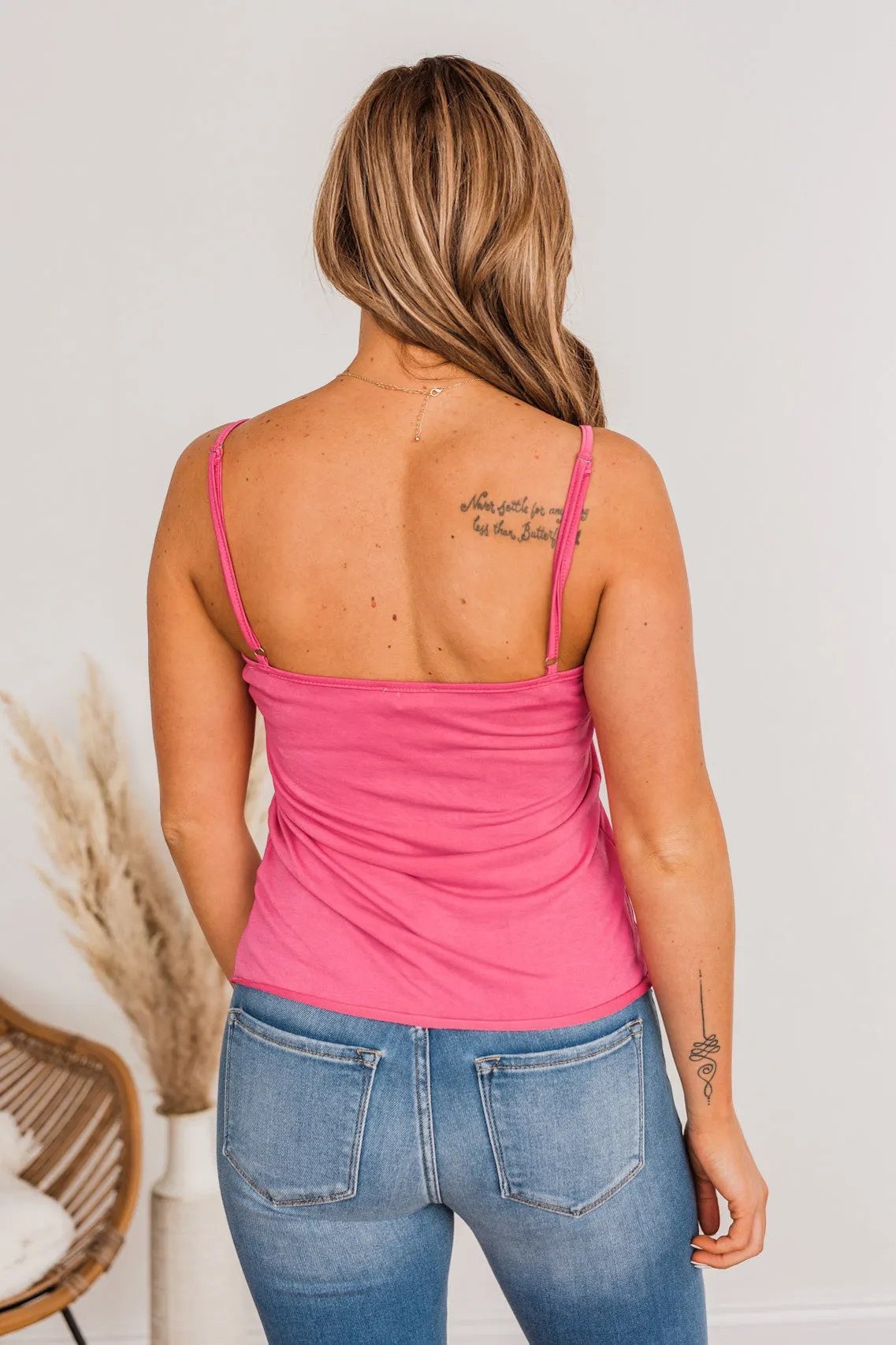 Hot Pink Lace Trimmed Henley Tank Top