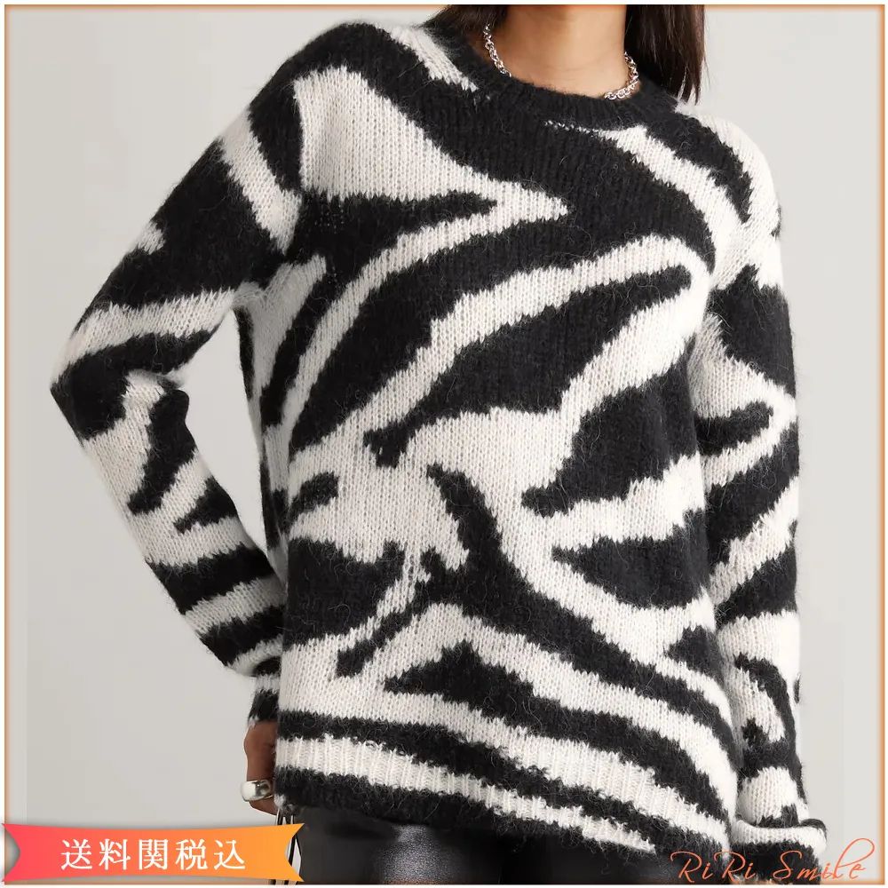 Zebra Pattern Wool V-neck/Crew Neck Top