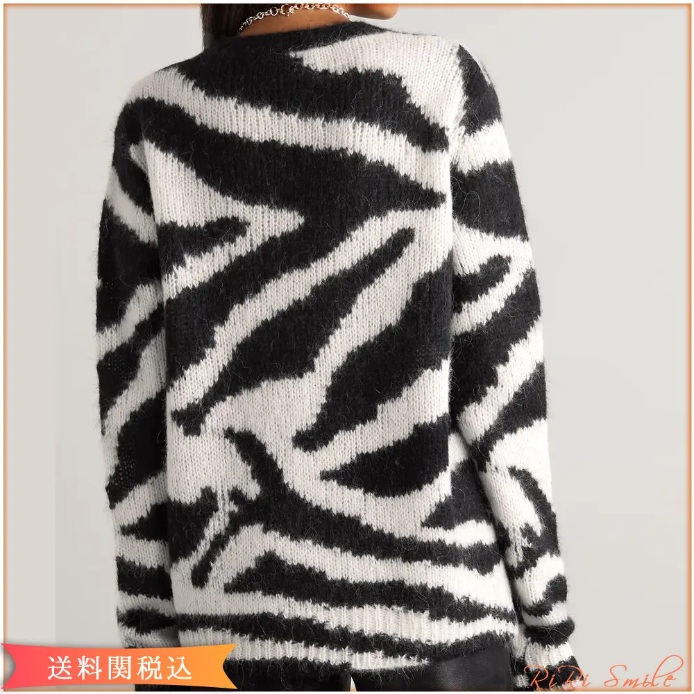 Zebra Pattern Wool V-neck/Crew Neck Top