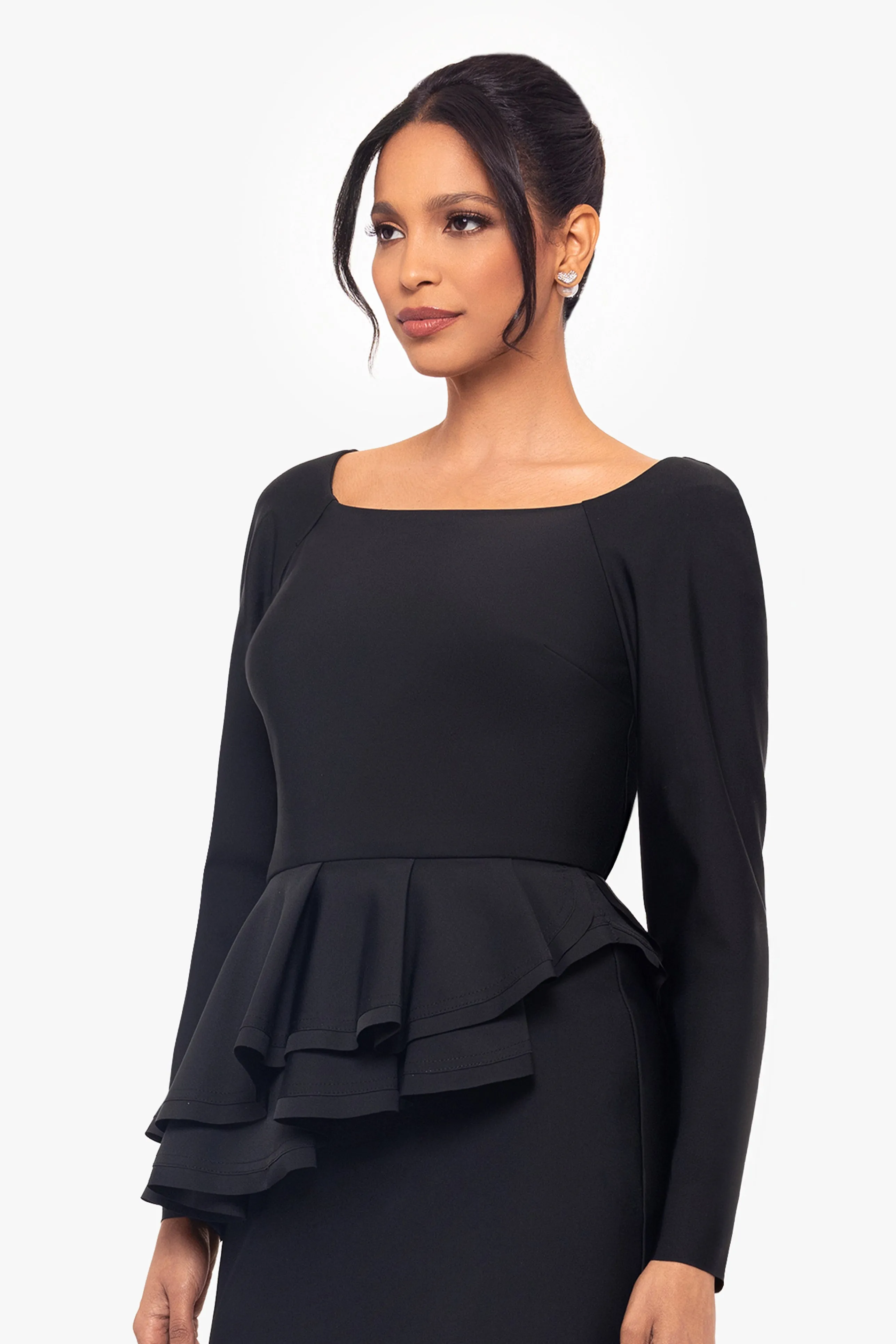 Short Asymmetrical Peplum Long Sleeve Dress, Mangoite Ring