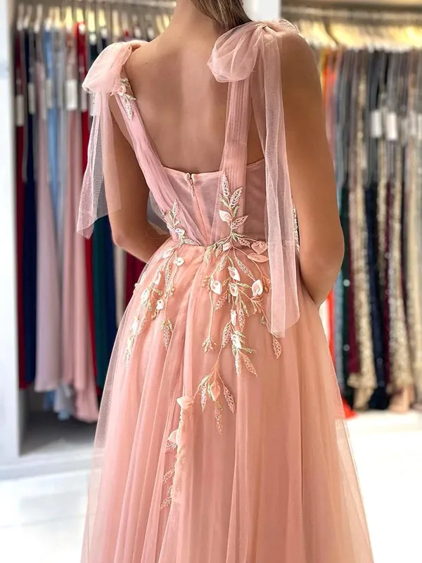 Elegant Pink Spaghetti Straps Prom Gown with Applique and Side Slit