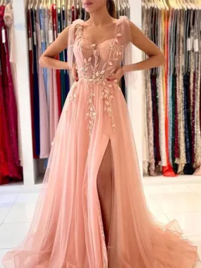 Elegant Pink Spaghetti Straps Prom Gown with Applique and Side Slit