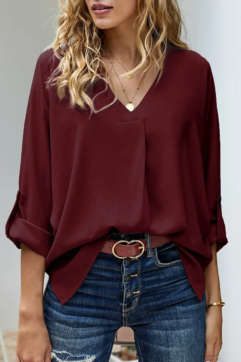 Patchwork V Neck Tops - Solid Casual Fashion